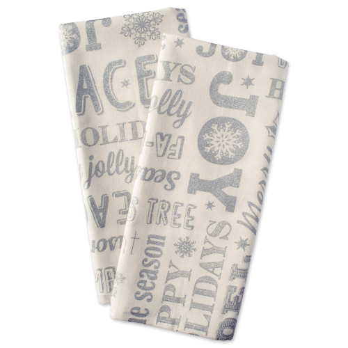 Set of 2 Cream White and Gray "JOY" Printed Rectangular Dishtowels 28" - IMAGE 1