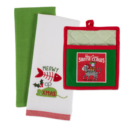 Set of 3 Green and White "Christmas Kitty" Embellished Rectangular Kitchen Sets 28" - IMAGE 1