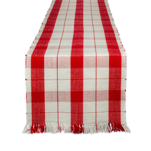 Plaid Woven Cotton Table Runner with Knotted Fringe - 72" - Ivory and Red - IMAGE 1