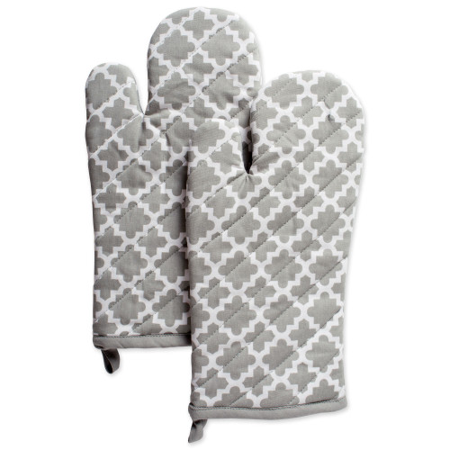 Set of 2 Gray and White Lattice Oven Mitts 13" - IMAGE 1