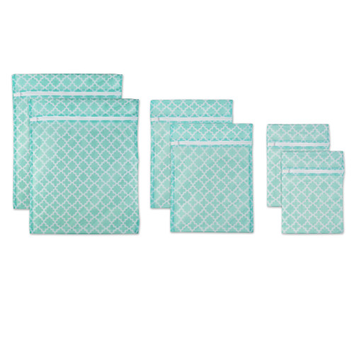 Set of 6 Aqua Blue and White Moroccan Trellis Mesh Laundry Bags 19.75" - IMAGE 1