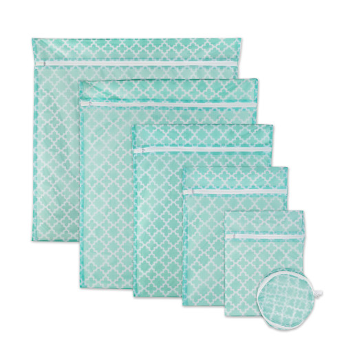 Set of 6 Aqua Blue and White Moroccan Trellis Mesh Laundry Bags 23.5" - IMAGE 1