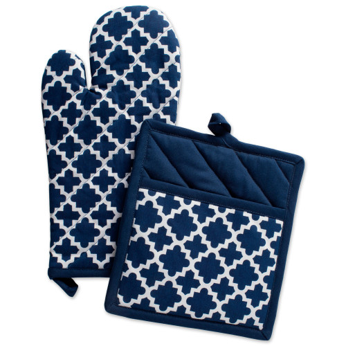 Lattice Potholder and Oven Mitt - 13" - Nautical Blue and White - Set of 2 - IMAGE 1