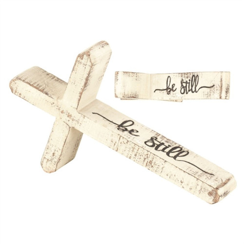 10" White Be Still Distressed Finish Tabletop Cross - IMAGE 1
