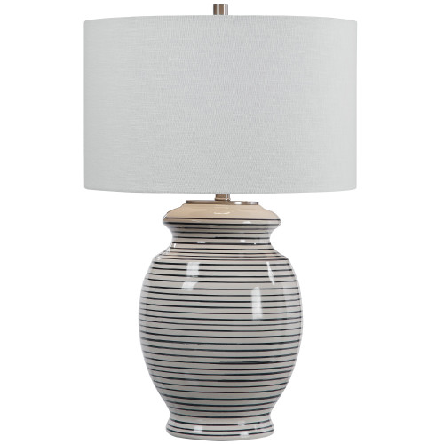 Striped Ceramic Table Lamp with White Drum Shade - 28" - Navy blue - IMAGE 1