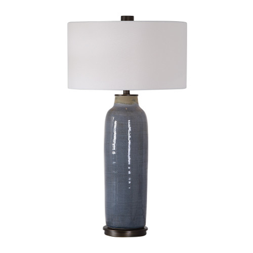 34" Vicente Slate Blue Table Lamp with White Linen Drum Shade - IMAGE 1