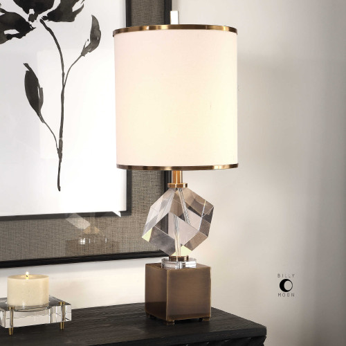 30” Clear Geometric Crystal Cube Brass Table Lamp with Shade - IMAGE 1