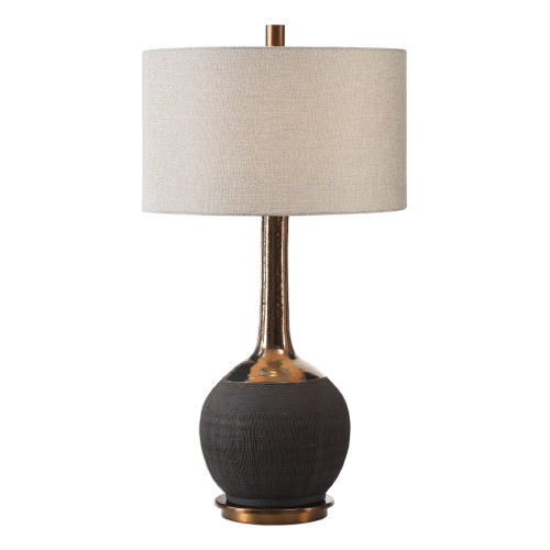 Hand Scored Ceramic Base Table Lamp with Gray Drum Shade - 32" - Black - IMAGE 1