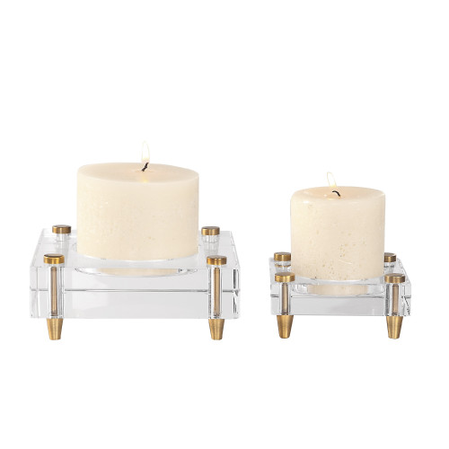 Set of 2 Claire Crystal Block Candle Holders wit Brass Torpedo Feet 6" - IMAGE 1