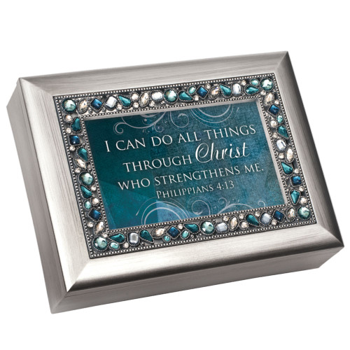 8" Silver Colored and Green Topaz Jewel Boarded Rectangular "Christ" Printed Musical Box - IMAGE 1