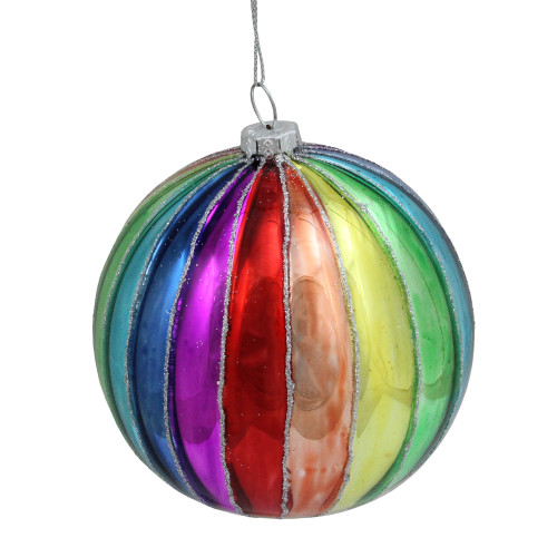 Multi-Colored Striped Glass 2-Finish Christmas Ball Ornament 4" (100mm) - IMAGE 1