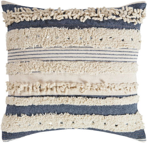 20"  Navy Blue and Cream Striped Pattern Square Throw Pillow - Down Filled - IMAGE 1