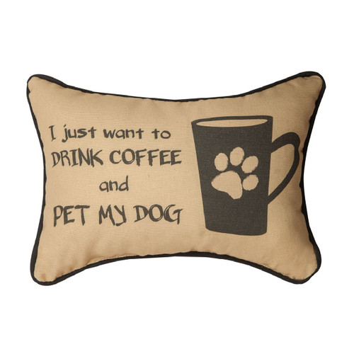 12.5" Tan and Black "I Just Want To Drink Coffee and Pet My Dog" Rectangular Throw Pillow - IMAGE 1