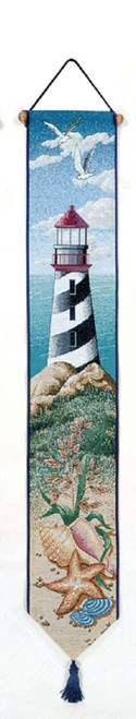41" Blue and White Lighthouse View Tapestry Bell Pull Wall Hanging - IMAGE 1