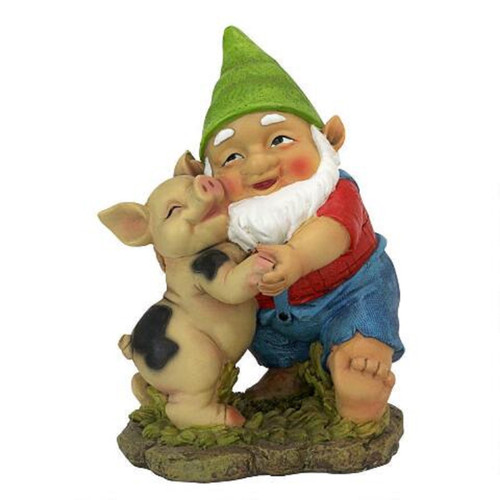 8.5" Gnome And Pig Dancing Hand Painted Outdoor Garden Statue - IMAGE 1