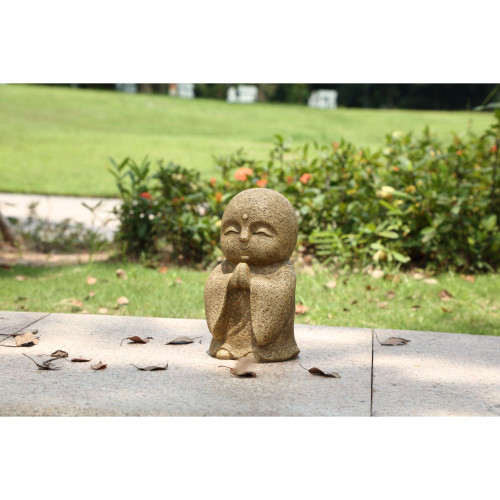 Lucky Japanese Jizo Praying Outdoor Garden Statue - 10.25" - Brown - IMAGE 1