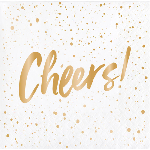 Club Pack of 288 White and Gold Foil 3-Ply "Cheers!" Printed Beverage Napkins 10" - IMAGE 1