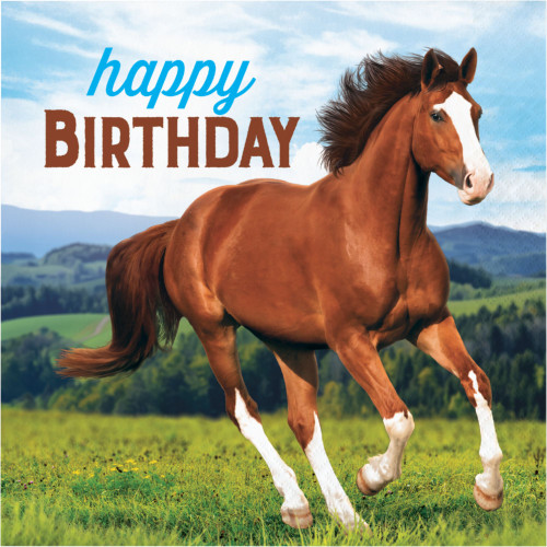Club Pack of 192 Brown and White Horse and Pony "happy BIRTHDAY" 2-Ply Beverage Napkins 12.75" - IMAGE 1