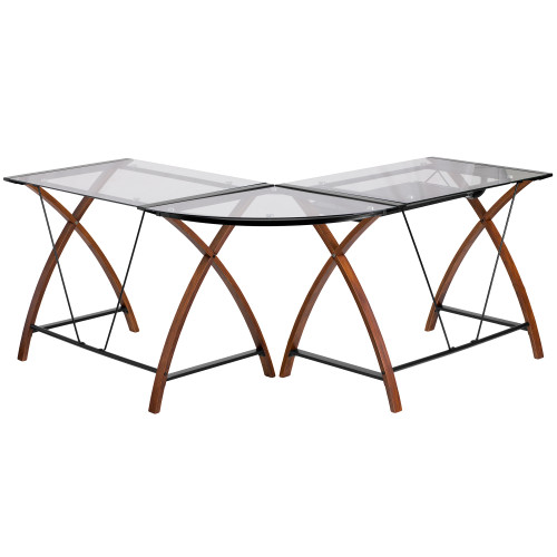 83.25" Clear and Brown Contemporary L-Shaped Computer Desk with Pull Out Keyboard Tray - IMAGE 1