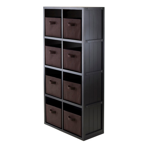 53" Black Elegant Timothy 9-PC Rectangular Storage Shelf with 8 Chocolate Foldable Fabric Baskets - IMAGE 1