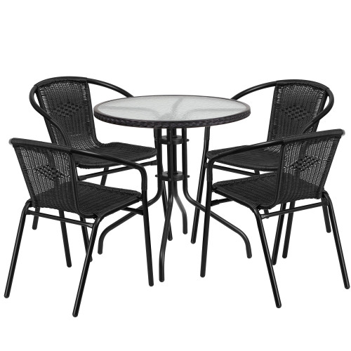 5-Piece Black and Clear Round Glass Outdoor Furniture Patio Table with Stack Chairs 28.75" - IMAGE 1