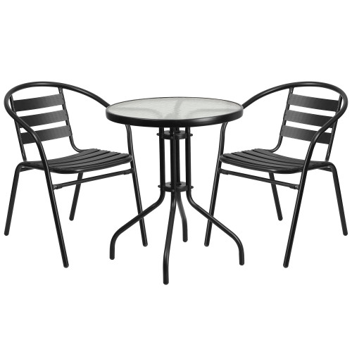 Set of 3 Black and Clear Slat Stack Chairs with Round Table 28" - IMAGE 1