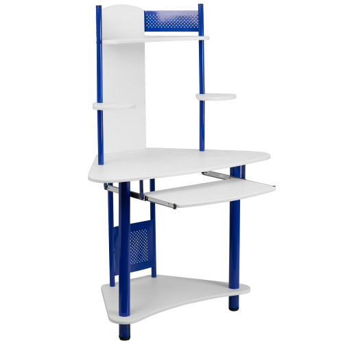 57" Blue and White Contemporary Corner Computer Desk with Hutch - IMAGE 1