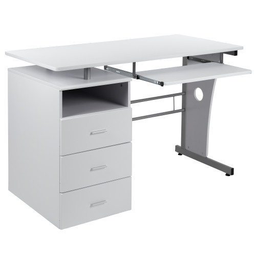 47.25" White Contemporary Computer Desk with Three Drawer Pedestal and Pull-Out Keyboard Tray - IMAGE 1