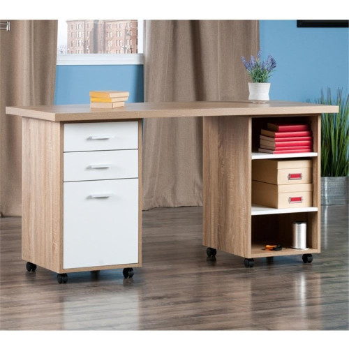 3 - Piece Wooden Desk with Cabinets and Open Shelves - 57" - Beige - IMAGE 1
