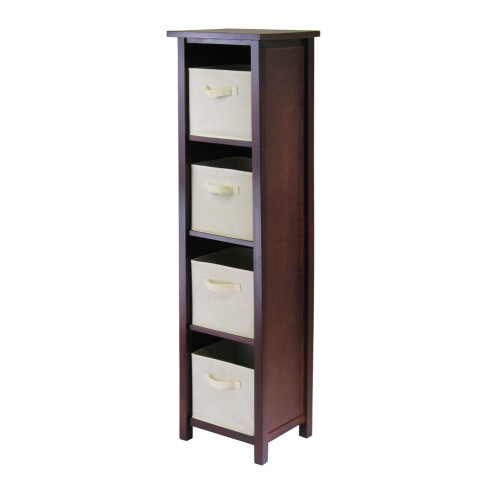 51.25” Brown Walnut and Beige Storage Shelf with Four Foldable Fabric Basket - IMAGE 1