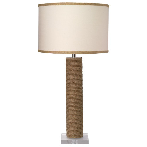 28" Brown Cylinder Rope Table Lamp in Jute with Medium Drum Shade in White Linen and Natural Burlap Trim - IMAGE 1