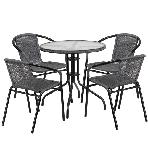 5-Piece Anchor Gray and Clear Round Glass Outdoor Furniture Patio Table with Stack Chairs 28.75" - IMAGE 1