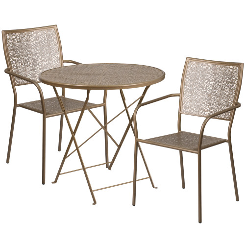 Set of 3 Gold Round Outdoor Patio Folding Table with Square Armchairs - IMAGE 1