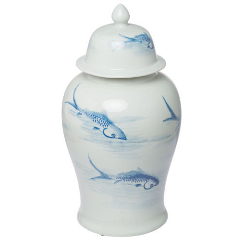 18.75" White and Blue Vintage Style Tall Jar with Lid - IMAGE 1