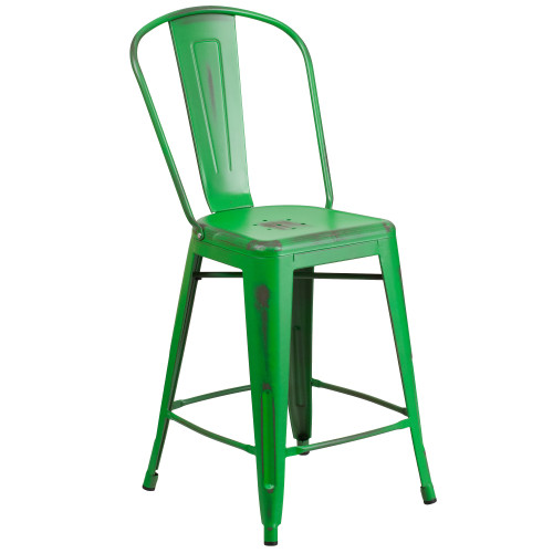 24'' Green Distressed Metal Counter Height Stool with Back - IMAGE 1