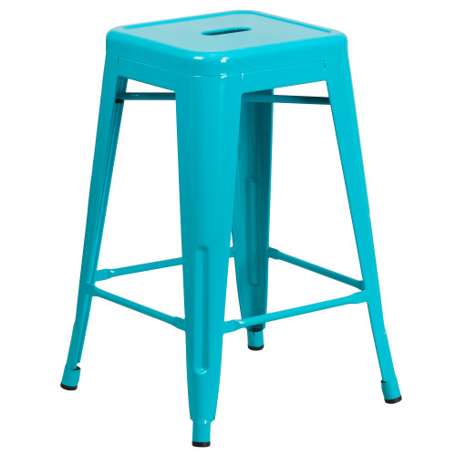 24" Crystal Teal Blue Backless Industrial Outdoor Counter Height Stool with Square Seat - IMAGE 1