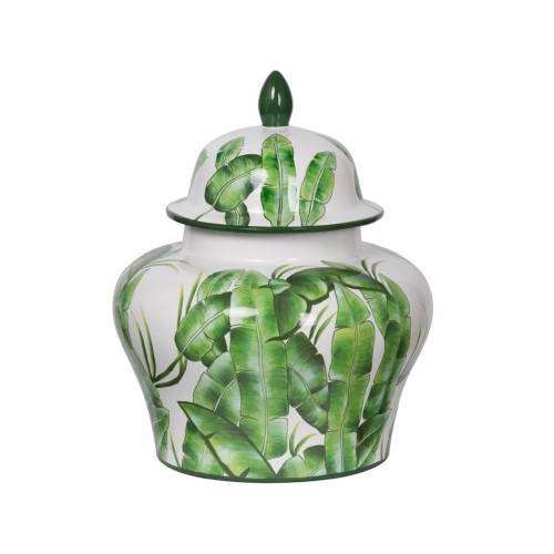 Palm Leaf Porcelain Wide Urn Lidded Jar - 16.75" - Green and White - IMAGE 1