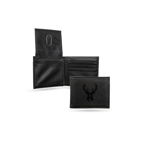 4" Black NBA Milwaukee Bucks Engraved Billfold Wallet - IMAGE 1