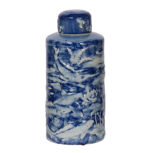 14" Blue and White Oan Lidded Decorative Jar - IMAGE 1