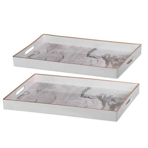 Marble Designed Trays with Cut-Out Handles - 19" - White and Gray - Set of 2 - IMAGE 1