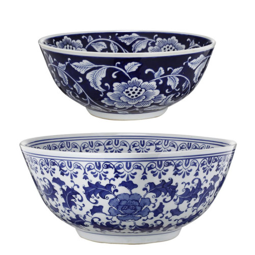 Set of 2 White and Blue Floral Painted Elegant Bowl 16" - IMAGE 1