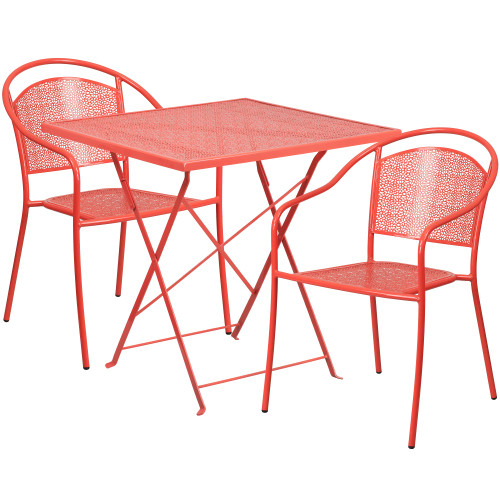 Set of 3 Coral Red Square Outdoor Patio Folding Table with Round Back Chairs - IMAGE 1