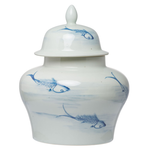 Large Koi Fish Ginger Jar with Lid - 18" - White and Blue - IMAGE 1