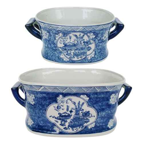 Vintage Style Porcelain Planters - 19.5" - Blue and White - Set of 2 - IMAGE 1