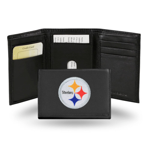 4" Black and White NFL Pittsburgh Steelers Embroidered Trifold Wallet - IMAGE 1