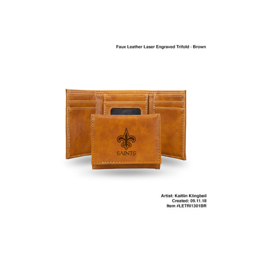 4" Brown NFL New Orleans Saints Engraved Trifold Wallet - IMAGE 1