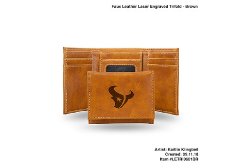 4" Texans Brown Faux Leather Engraved Trifold Wallet - IMAGE 1