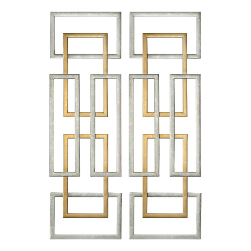 Set of 2 Contemporary Silver Gold Geometric Metal Hanging Wall Art 60” - IMAGE 1