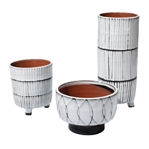 Set of 3 White and Dark Gray Striae Ceramic Vessels 12" - IMAGE 1