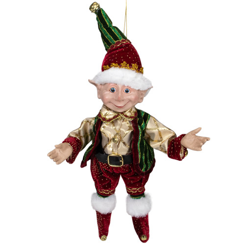 13" Burgundy and Gold Festive Chubby Christmas Elf With Bells - IMAGE 1